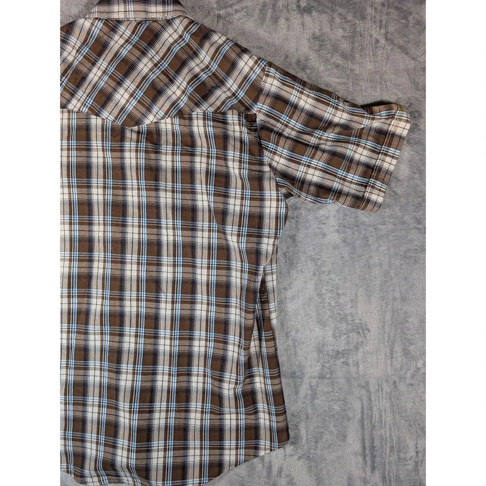 Plains Western Wear Mens Brown Blue Plaid Short Sleeve Pearl Snap Shirt Medium - Picture 9 of 12
